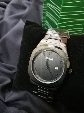 Original black Aura watch with metallic chain